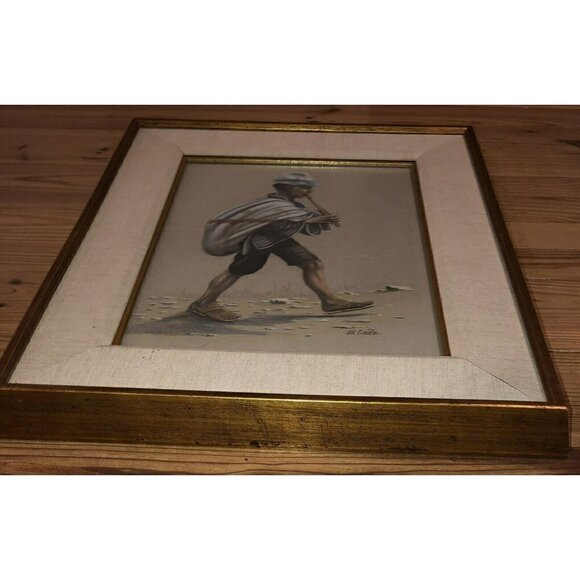 VTG 19"x23" Framed Pastel PRINT Man Playing Flute Recorder by Artist WALT CUDE - Picture 3 of 4